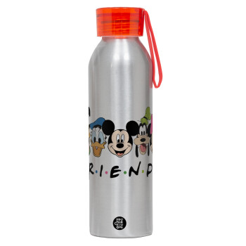 Friends characters, Αλουμινένιο Αθλητικό Μπουκάλι 650ml – Ασημί με Κόκκινο Καπάκι και Λουράκι Σιλικόνης