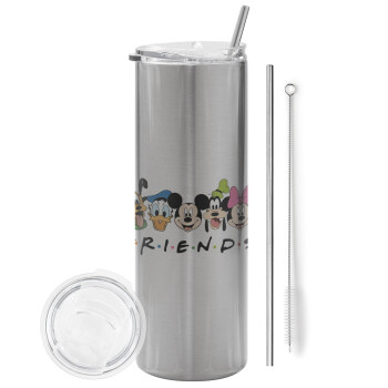 Friends characters, Eco friendly ποτήρι θερμό Ασημένιο (tumbler) από ανοξείδωτο ατσάλι 600ml, με μεταλλικό καλαμάκι & βούρτσα καθαρισμού
