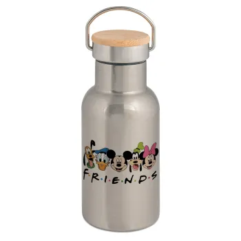 Friends characters, Stainless steel metallic thermos flask, silver with a bamboo lid, double-walled, 350ml.