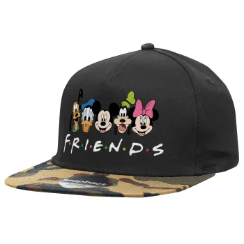 Friends characters, Adult Flat Snapback Hat Black/Camouflage, (100% COTTON TWILL, ADULT, UNISEX, ONE SIZE)