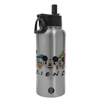 Friends characters, Metal mug thermo Silver with Straw and Spout Lid (Stainless steel), double wall, 950ml