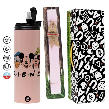 Friends characters, Πασχαλινή Λαμπάδα με  ΡΟΖ Travel Tumbler θερμό (600ml, BPA free) & κερί αρωματικό πλακέ (30cm) (ΡΟΖ)