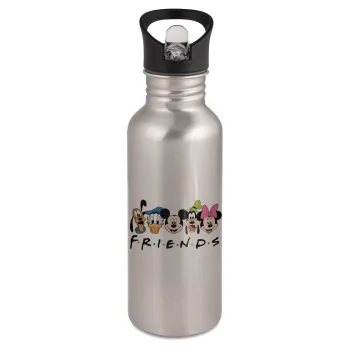 Friends characters, Water bottle Silver with straw, stainless steel 600ml