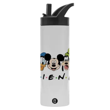 Friends characters, Metallic thermos bottle with straw & handle, stainless steel (Stainless steel 304), double-walled, 600ml.