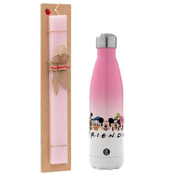 Friends characters, Easter Set, Metallic pink/white (Stainless steel) thermos, double-walled, 500ml & aromatic flat Easter candle (30cm) (PINK)