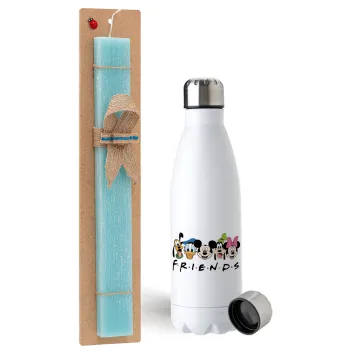 Friends characters, Easter Set, metallic stainless steel water bottle (750ml) & aromatic flat Easter candle (30cm) (TURQUOISE)