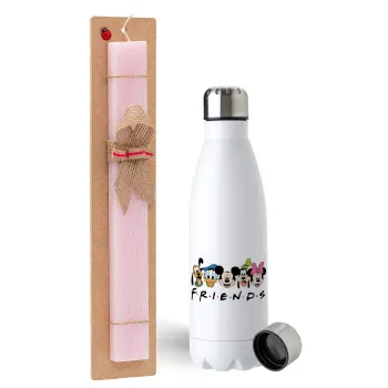 Friends characters, Easter Set, metallic stainless steel water bottle (750ml) & scented flat Easter candle (30cm) (PINK)