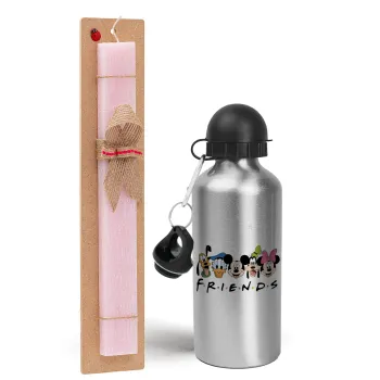 Friends characters, Easter Set, metallic Silver aluminum water bottle (500ml) & scented flat Easter candle (30cm) (PINK)