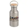 Stainless steel metallic thermos flask, silver with a bamboo lid, double-walled, 350ml.