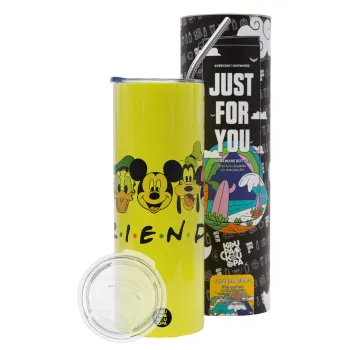 Friends characters, Neon Yellow Travel Tumbler θερμό, μεταλλικό καλαμάκι(Ανωξείδωτο 304 Food grade, BPA free, 600ml)