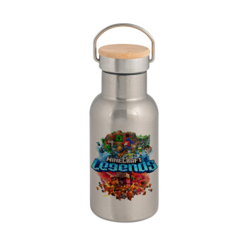Minecraft legends, Stainless steel metallic thermos flask, silver with a bamboo lid, double-walled, 350ml.