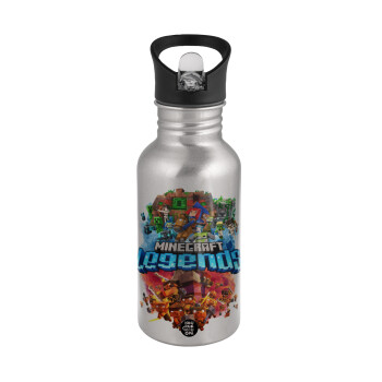Minecraft legends, Water bottle Silver with straw, stainless steel 500ml