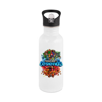 Minecraft legends, White water bottle with straw, stainless steel 600ml
