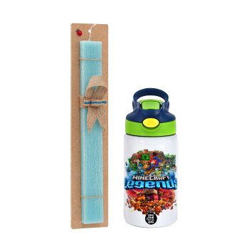 Minecraft legends, Easter Set, Children's thermal stainless steel bottle with safety straw, green/blue (350ml) & aromatic flat Easter candle (30cm) (TURQUOISE)