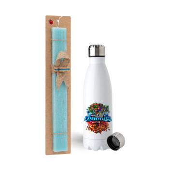 Minecraft legends, Easter Set, metallic stainless steel water bottle (750ml) & aromatic flat Easter candle (30cm) (TURQUOISE)
