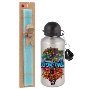 Minecraft legends, Easter Set, metallic silver aluminum water bottle (500ml) & scented flat Easter candle (30cm) (TURQUOISE)