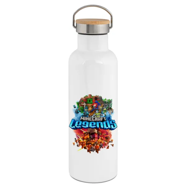Minecraft legends — Μεταλλικό παγούρι θερμός (Stainless steel) Λευκό με ξύλινο καπάκι (bamboo), διπλού τοιχώματος, 750ml