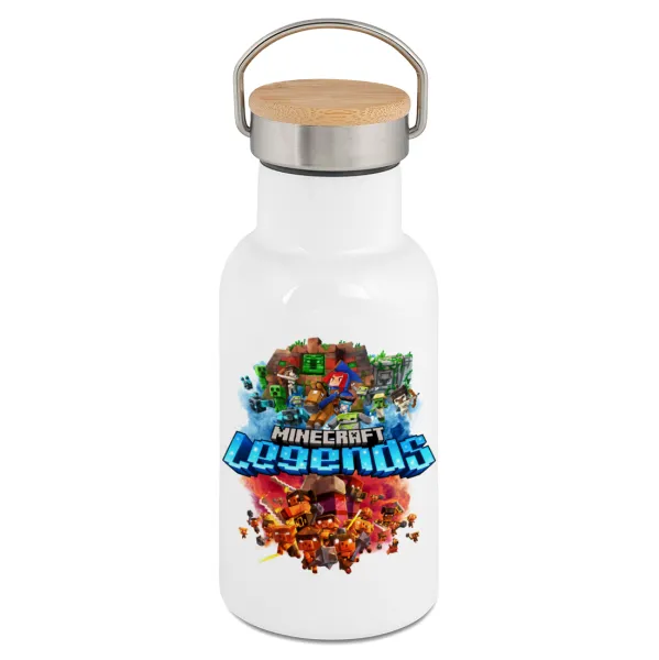 Minecraft legends — Metallic thermos (Stainless steel) White with wooden lid (bamboo), double-walled, 350ml