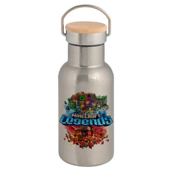 Minecraft legends — Stainless steel metallic thermos flask, silver with a bamboo lid, double-walled, 350ml.