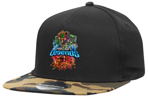 Minecraft legends — Adult Flat Snapback Hat Black/Camouflage, (100% COTTON TWILL, ADULT, UNISEX, ONE SIZE)