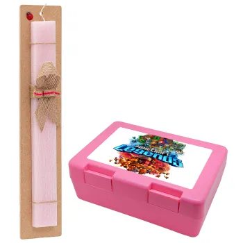 Minecraft legends, Easter Set, children's snack container PINK & scented flat Easter candle (30cm) (PINK)