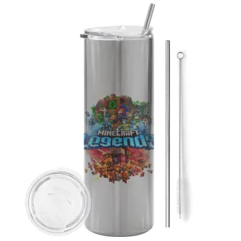 Minecraft legends, Tumbler ποτήρι θερμό Ασημένιο από ανοξείδωτο ατσάλι 600ml, με μεταλλικό καλαμάκι & βούρτσα καθαρισμού