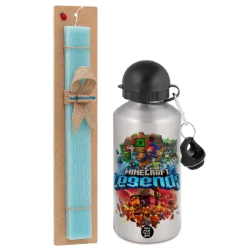 Minecraft legends, Easter Set, metallic silver aluminum water bottle (500ml) & scented flat Easter candle (30cm) (TURQUOISE)