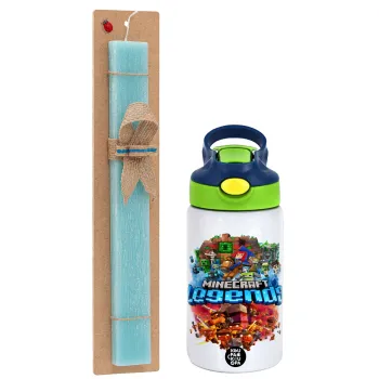Minecraft legends, Easter Set, Children's thermal stainless steel bottle with safety straw, green/blue (350ml) & aromatic flat Easter candle (30cm) (TURQUOISE)