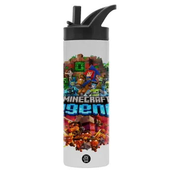 Minecraft legends, Μεταλλικό παγούρι θερμός με καλαμάκι & χειρολαβή, ανοξείδωτο ατσάλι (Stainless steel 304), διπλού τοιχώματος, 600ml