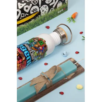 Minecraft legends, Easter Set, metallic silver aluminum water bottle (500ml) & scented flat Easter candle (30cm) (TURQUOISE)