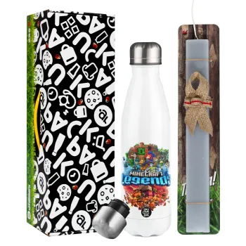 Minecraft legends, Easter candle, metallic white thermos bottle (500ml) & aromatic flat candle (30cm) (GRAY)