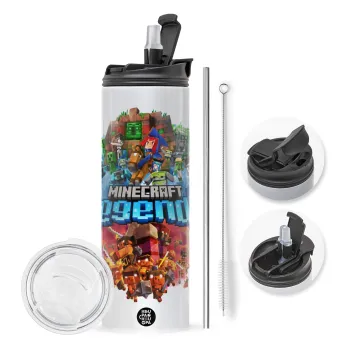 Minecraft legends, Travel Tumbler 2 Lids, with metal straw & cleaning brush (Stainless steel 304 Food grade, BPA free, 600ml)