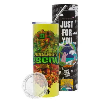 Minecraft legends, Neon Yellow Travel Tumbler θερμό, μεταλλικό καλαμάκι(Ανωξείδωτο 304 Food grade, BPA free, 600ml)