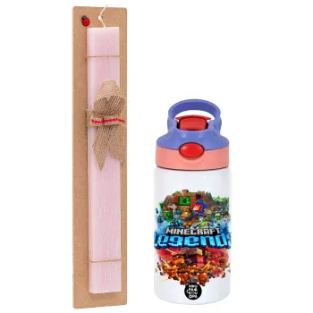 Minecraft legends, Easter Set, Children's thermal stainless steel water bottle with safety straw, pink/purple (350ml) & Easter scented flat candle (30cm) (PINK)