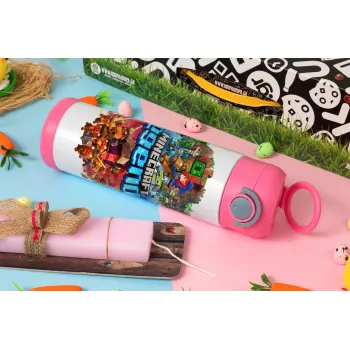 Minecraft legends, Easter candle, Childrens hot water bottle, stainless steel, with safety straw, PINK (500ml)