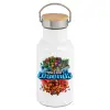 Metallic thermos (Stainless steel) White with wooden lid (bamboo), double-walled, 350ml