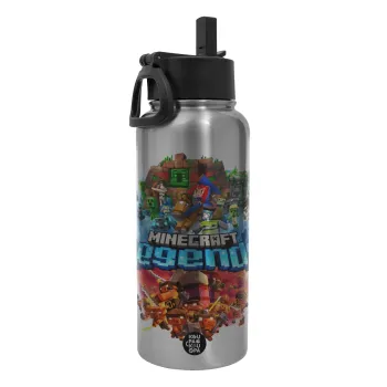 Minecraft legends, Metal mug thermo Silver with Straw and Spout Lid (Stainless steel), double wall, 950ml