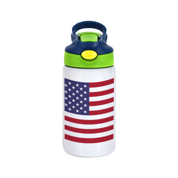 USA Flag, Children's hot water bottle, stainless steel, with safety straw, green, blue (350ml)
