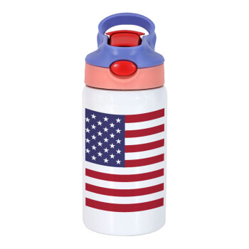USA Flag, Children's hot water bottle, stainless steel, with safety straw, pink/purple (350ml)
