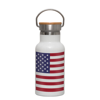 USA Flag, Metallic thermos (Stainless steel) White with wooden lid (bamboo), double-walled, 350ml