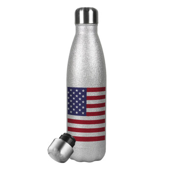 USA Flag, Μεταλλικό παγούρι θερμός Glitter Aσημένιο (Stainless steel), διπλού τοιχώματος, 500ml