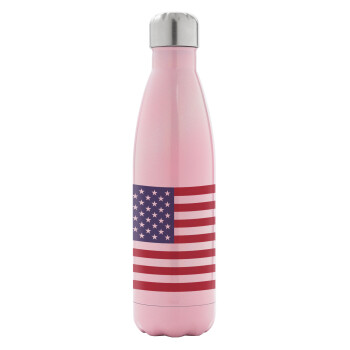 USA Flag, Metal mug thermos Pink Iridiscent (Stainless steel), double wall, 500ml