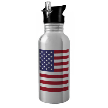 USA Flag, Water bottle Silver with straw, stainless steel 600ml