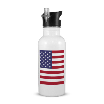 Σημαία Αμερικής, Παγούρι νερού Λευκό με καλαμάκι, ανοξείδωτο ατσάλι 600ml