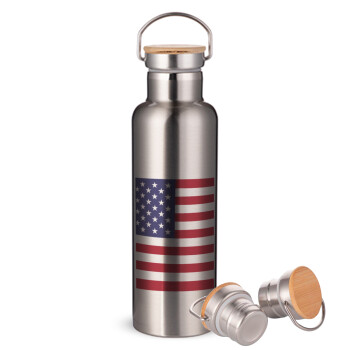 USA Flag, Stainless steel Silver with wooden lid (bamboo), double wall, 750ml