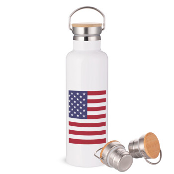 Σημαία Αμερικής, Μεταλλικό παγούρι θερμός (Stainless steel) Λευκό με ξύλινο καπάκι (bamboo), διπλού τοιχώματος, 750ml