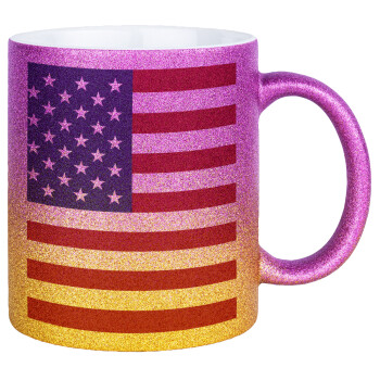 USA Flag, Κούπα Χρυσή/Ροζ Glitter, κεραμική, 330ml