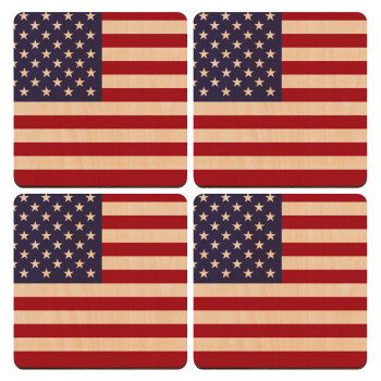Σημαία Αμερικής, ΣΕΤ x4 Σουβέρ ξύλινα τετράγωνα plywood (9cm)