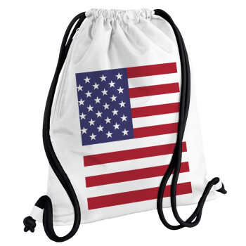 USA Flag, Τσάντα πλάτης πουγκί GYMBAG λευκή, με τσέπη (40x48cm) & χονδρά κορδόνια