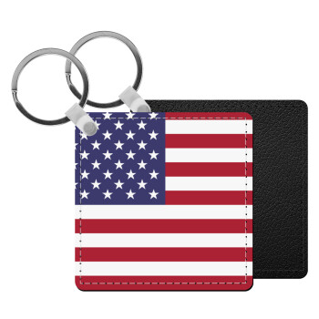 USA Flag, Μπρελόκ Δερματίνη, τετράγωνο ΜΑΥΡΟ (5x5cm)